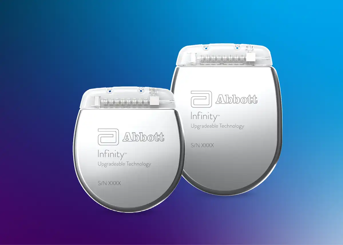 2 silver palm-sized silver medical devices, rounded at the bottom. The Abbott logo and the words Infinity Upgradeable Technology are etched on them.